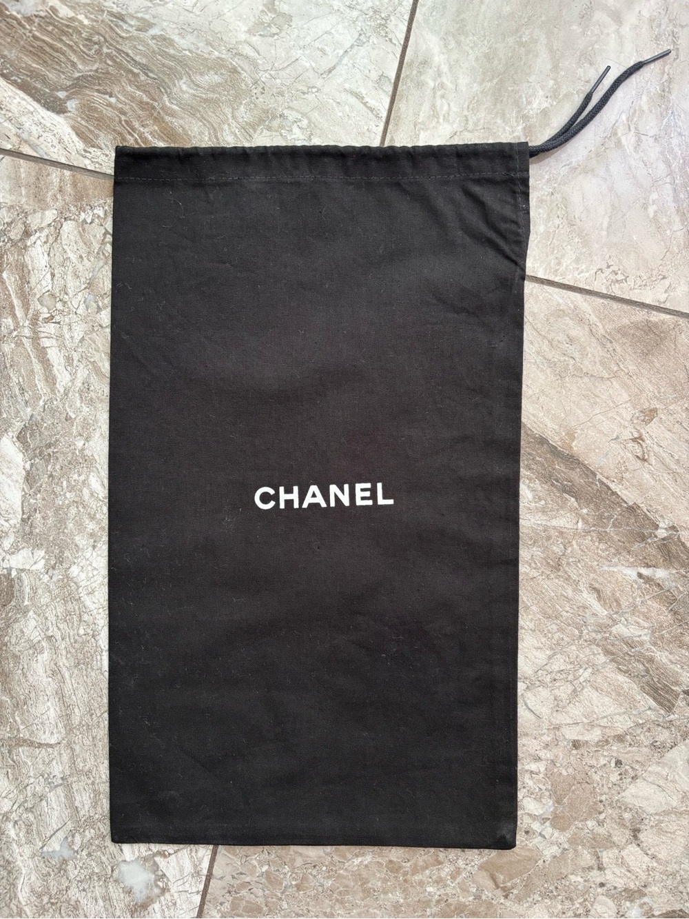 CHANEL Black Canvas Drawstring Pouch with White Logo